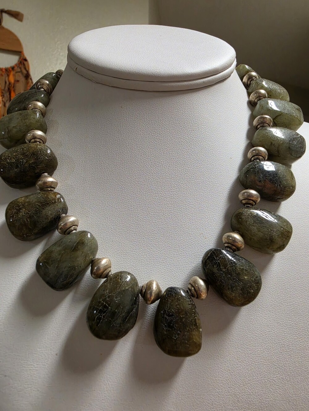 Vintage/Artisan Natural Sage Green Quartz Freeform Gemstone Statement Necklace